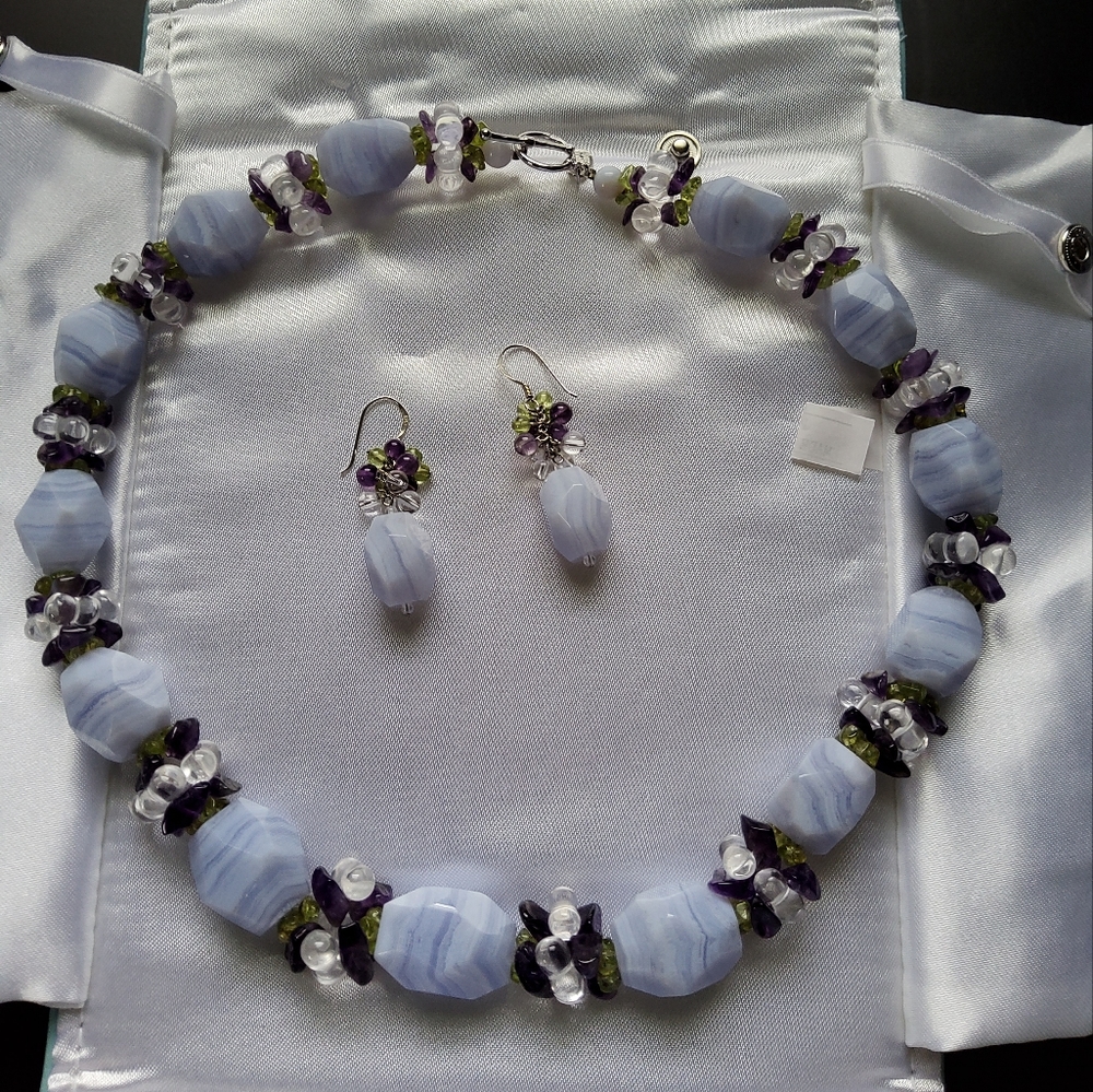 Ross-Simons Crazy Lace Agate Chalcedony Necklace Earring Set